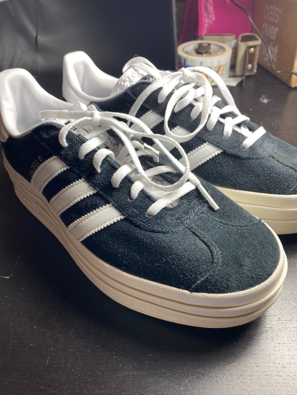 Women’s Adidas Gazelle Bold Sneakers – Black Suede White Stripes